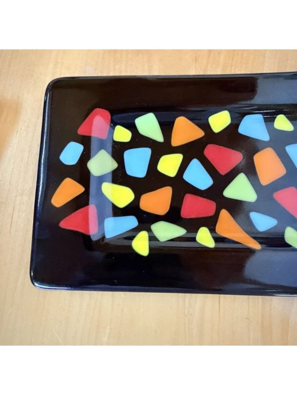 Abstract Geometric Trinket Display Fused Art Glass Rectangular Tray Dish 6 X 12